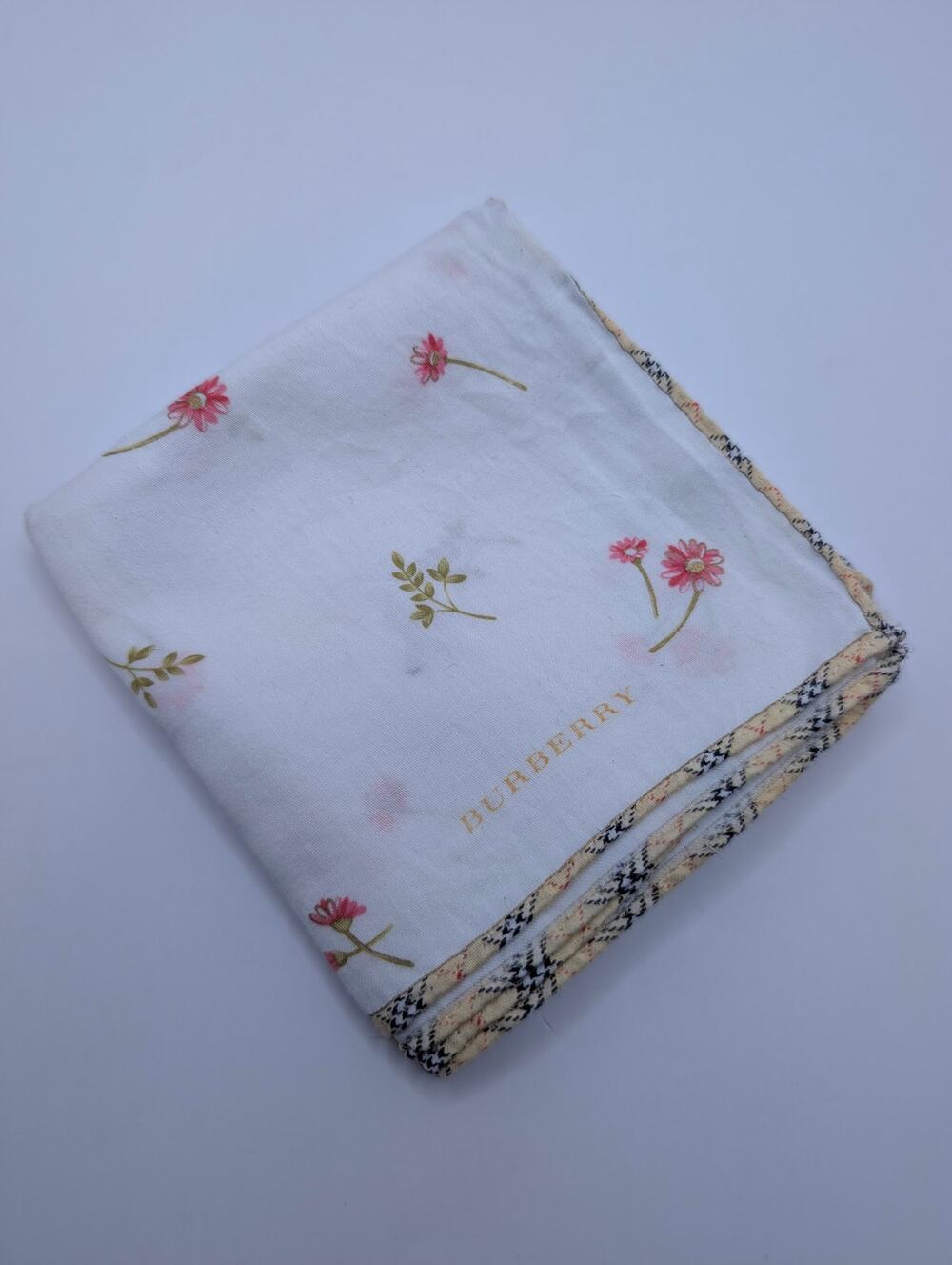 Burberry Silk Bandana Scarf Pink Dahlia Floral Print Check Trim 19x19
